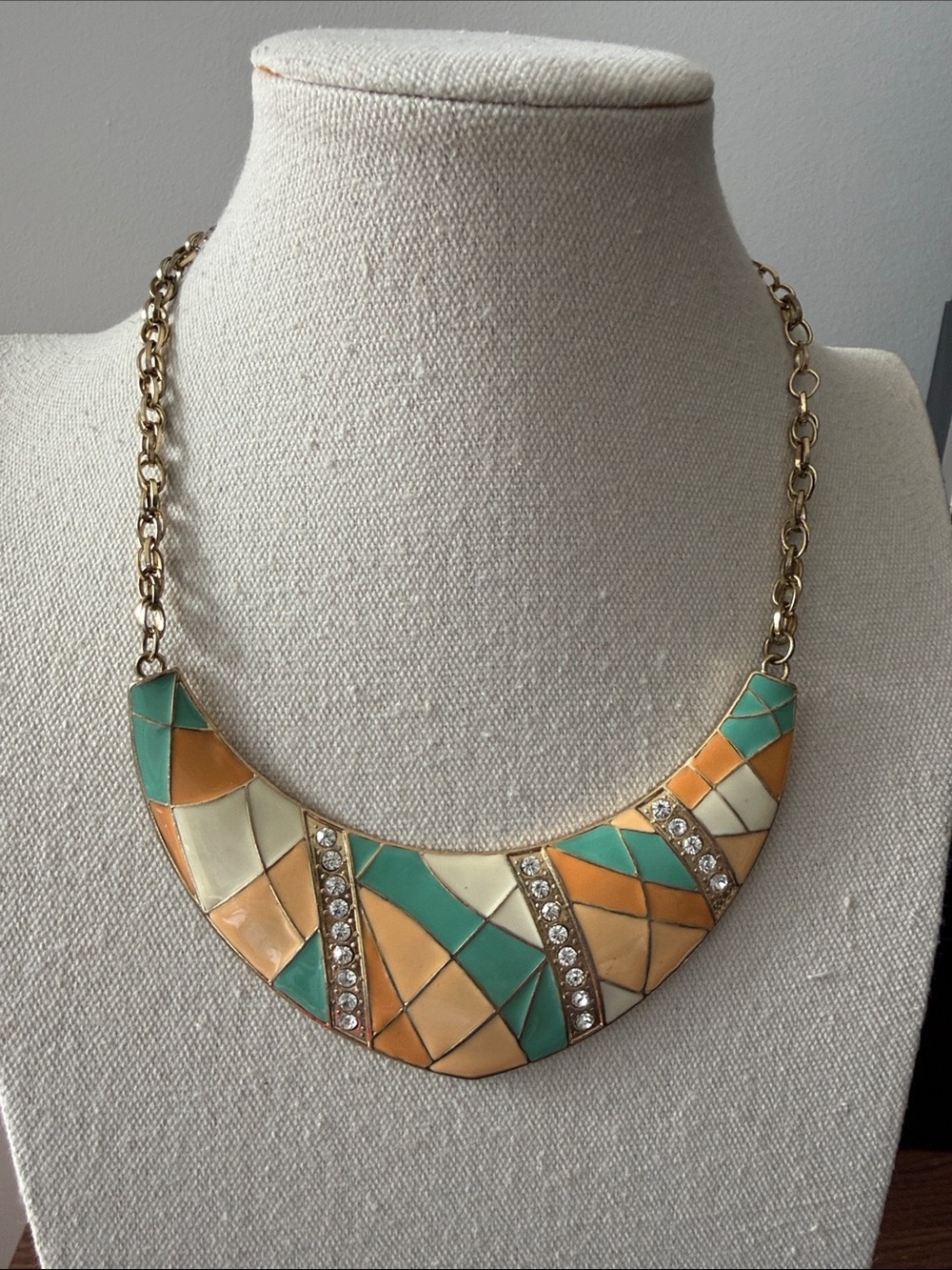 Enamel Inlaid Crescent Bib Gold Tone Necklace
